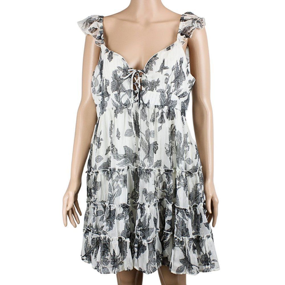 Lace-up Bodice Dress Ruffled Straps Tiered Ruffle Skirt Floral Bkack & White LG